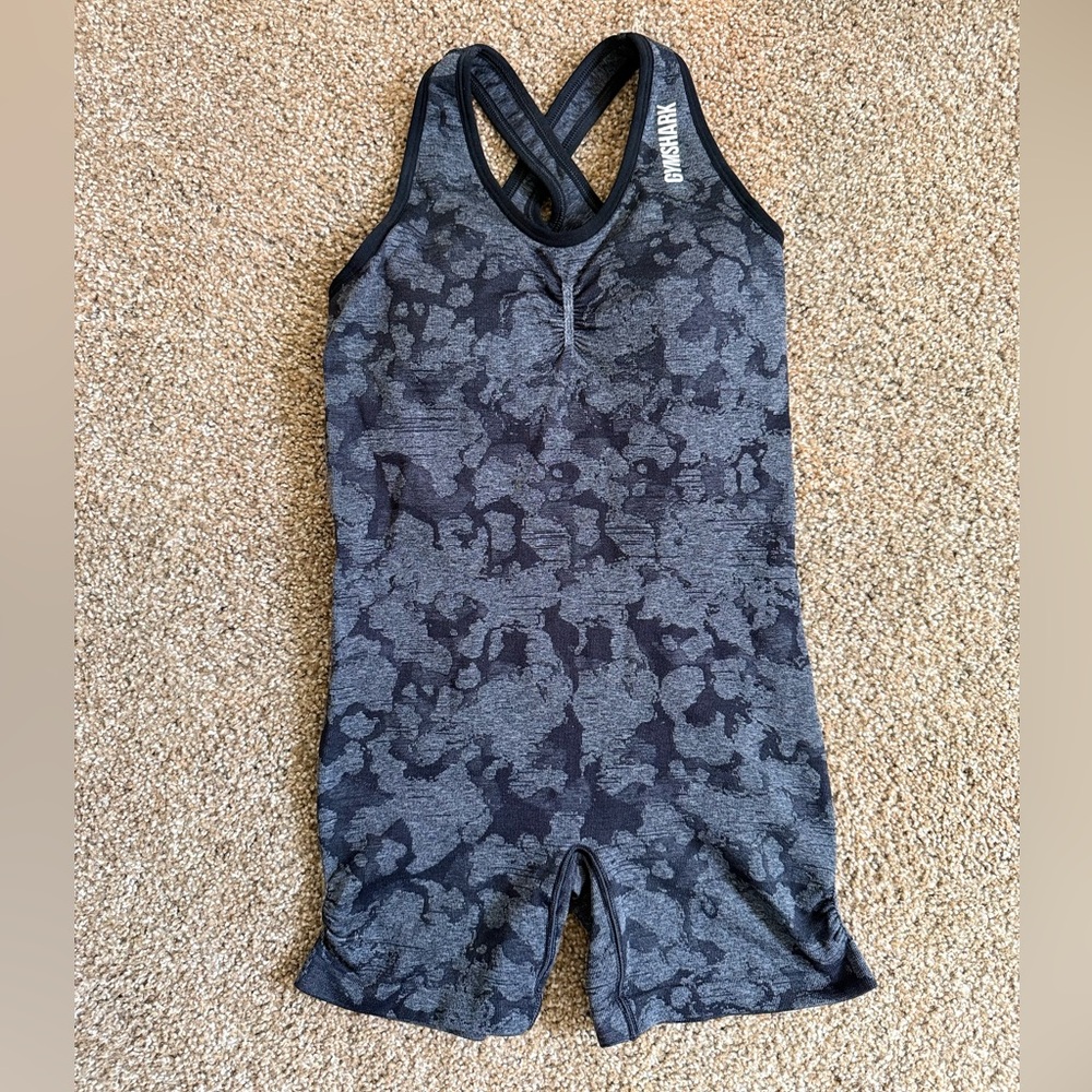 Gymshark Black and Gray Camo Unitard